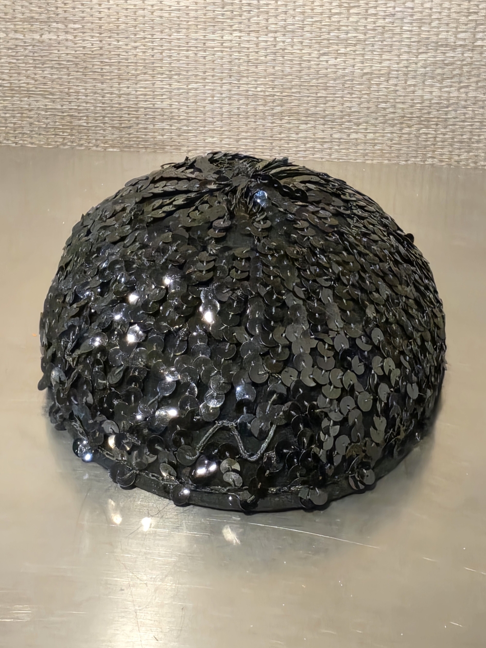 Vintage 1950s Black Sequined Calot Cocktail Cap Hat Juliet Topper Mid Century